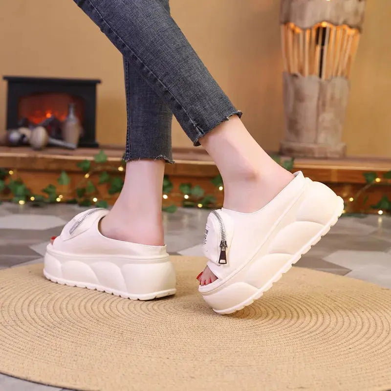 New platform mules slippers women's concise chunky slides shoes outdoor slippers woman silver zipper clogs ladies high slippers NNOS