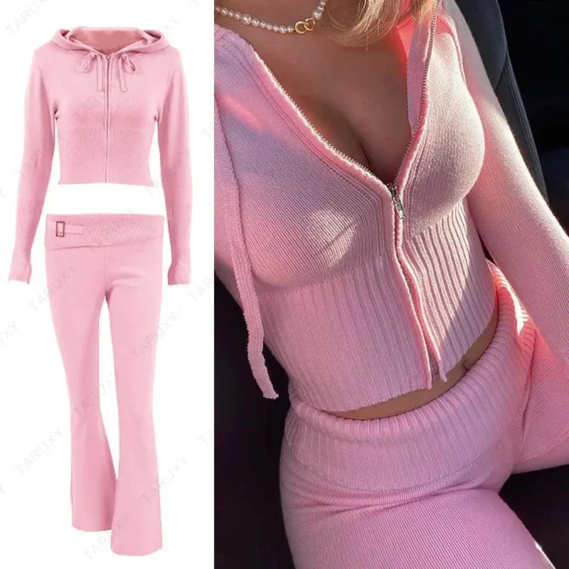 Casual Zipper Sweater Hoodie Set for Women High Waist Flare Pants Pink Knitted Y2k Two Piece Outfit Short Length Eye Catching NNOS