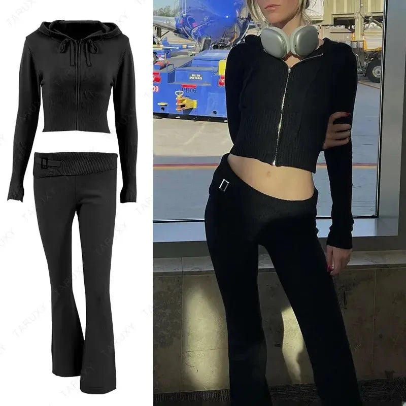 Casual Zipper Sweater Hoodie Set for Women High Waist Flare Pants Pink Knitted Y2k Two Piece Outfit Short Length Eye Catching NNOS