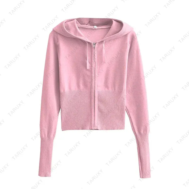 Casual Zipper Sweater Hoodie Set for Women High Waist Flare Pants Pink Knitted Y2k Two Piece Outfit Short Length Eye Catching NNOS
