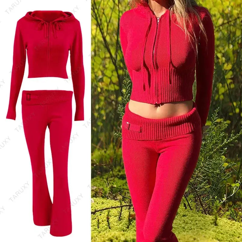 Casual Zipper Sweater Hoodie Set for Women High Waist Flare Pants Pink Knitted Y2k Two Piece Outfit Short Length Eye Catching NNOS