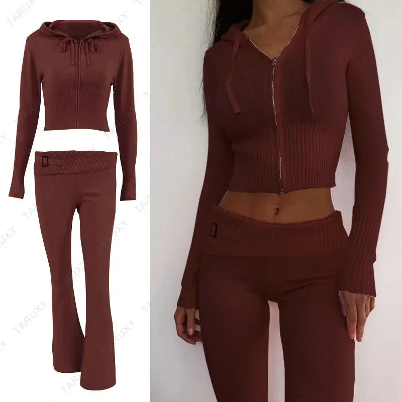Casual Zipper Sweater Hoodie Set for Women High Waist Flare Pants Pink Knitted Y2k Two Piece Outfit Short Length Eye Catching NNOS
