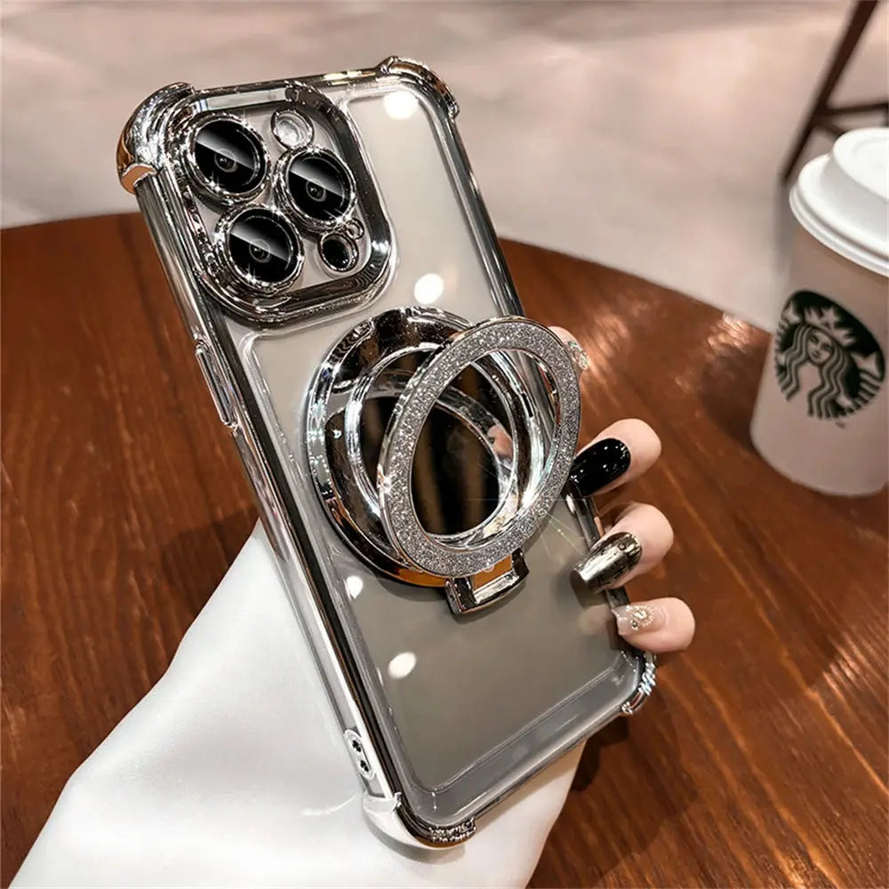 Luxury Glitter Makeup Mirror Case with MagSafe – Magnetic Stand & Plating Holder for iPhone 16/15/14/13/12/11 Pro Max & More NNOS