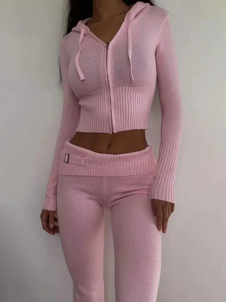 Casual Zipper Sweater Hoodie Set for Women High Waist Flare Pants Pink Knitted Y2k Two Piece Outfit Short Length Eye Catching NNOS