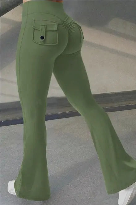 Yoga Fitness Flared Pants With Pockets Ins Fashion Slim High Waist Sports Trousers Scrunch Butt Booty Workout Lifting Leggings NNOS