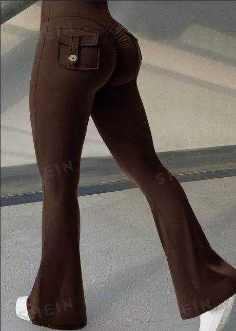 Yoga Fitness Flared Pants With Pockets Ins Fashion Slim High Waist Sports Trousers Scrunch Butt Booty Workout Lifting Leggings NNOS