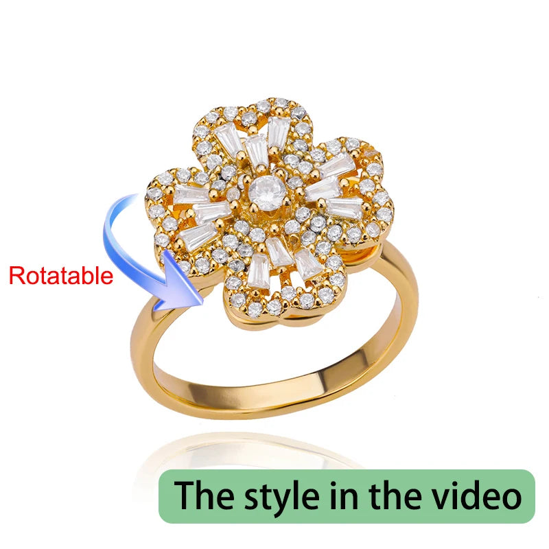 Elegant Adjustable Gold Stainless Steel Four Clover Rotating Anxiety Ring - Perfect Wedding Jewelry Gift for Women