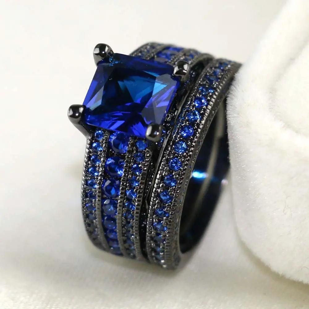 Couple's Romantic Blue Rhinestone Ring Set - Trendy Stainless Steel Fashion Jewelry for Men and Women, Perfect Gift for Lovers