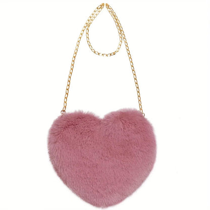 Faux Fur Heart-Shaped Crossbody Bag with Chain Shoulder Strap - Stylish Mini Purse for Women