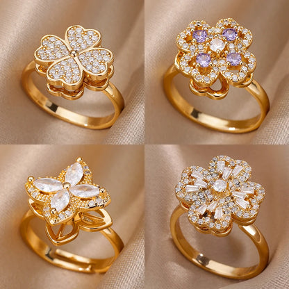 Elegant Adjustable Gold Stainless Steel Four Clover Rotating Anxiety Ring - Perfect Wedding Jewelry Gift for Women