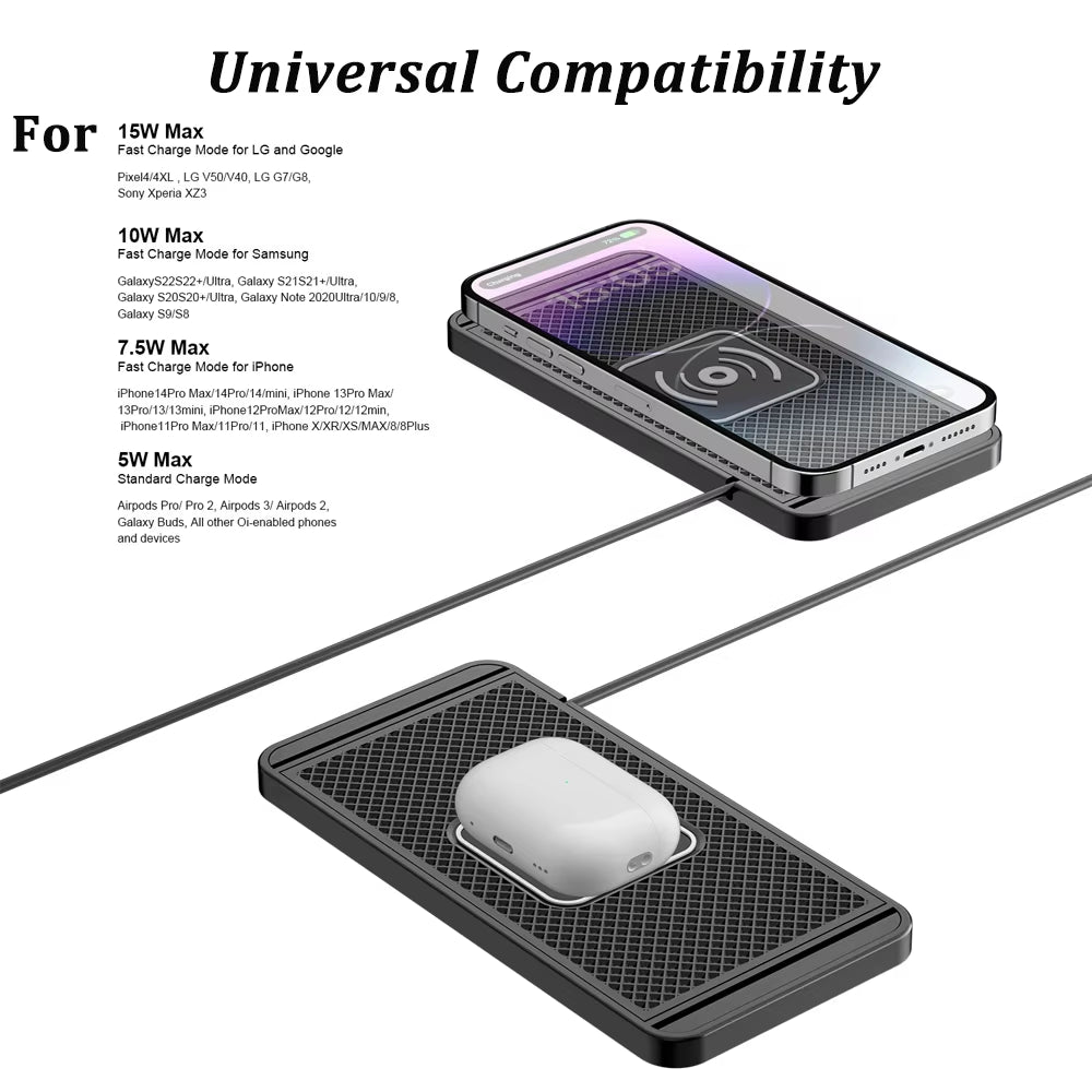 15W Non-Slip Silicone Wireless Charging Mat & Car Dashboard Stand for iPhone 15/14/13/12 - Dual-Function Convenience!