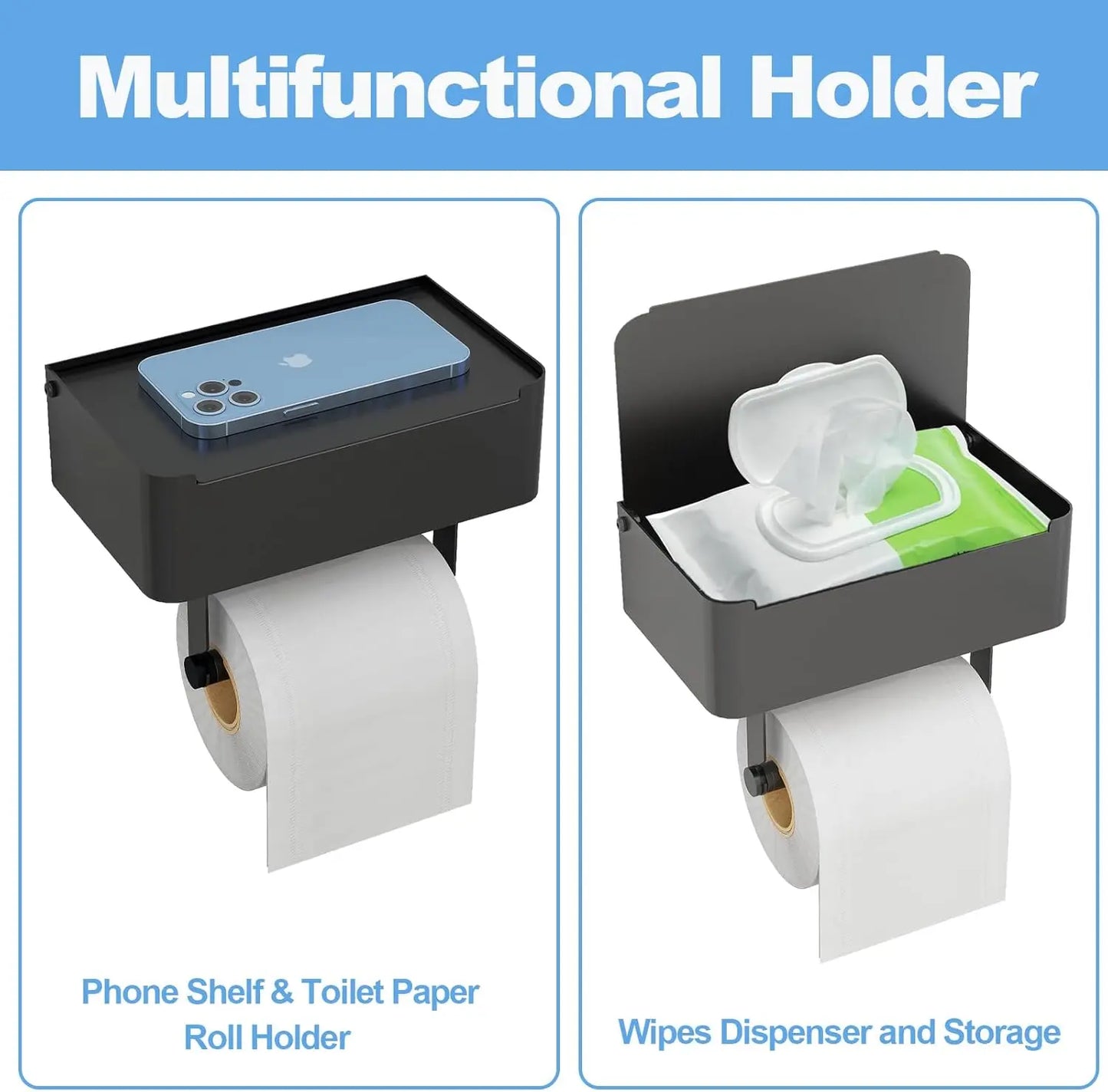 Wall-Mounted Toilet Paper Holder with Shelf and Flushable Wipes Dispenser, SUS304 Stainless Steel in Matte Black