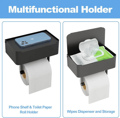 Wall-Mounted Toilet Paper Holder with Shelf and Flushable Wipes Dispenser, SUS304 Stainless Steel in Matte Black