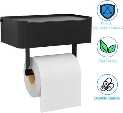 Wall-Mounted Toilet Paper Holder with Shelf and Flushable Wipes Dispenser, SUS304 Stainless Steel in Matte Black