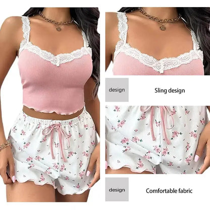 Women's Two-Piece Summer Ribbed Knitted Camisole and Bow Shorts Pajama Set with Floral Print and Lace Trim