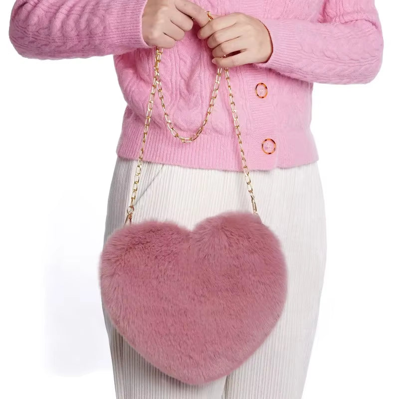 Faux Fur Heart-Shaped Crossbody Bag with Chain Shoulder Strap - Stylish Mini Purse for Women