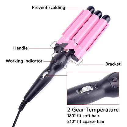 Ceramic Triple Barrel Hair Curling Iron - Professional Waver and Styling Tool