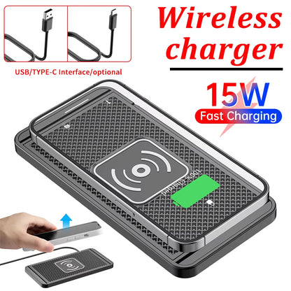 15W Non-Slip Silicone Wireless Charging Mat & Car Dashboard Stand for iPhone 15/14/13/12 - Dual-Function Convenience!