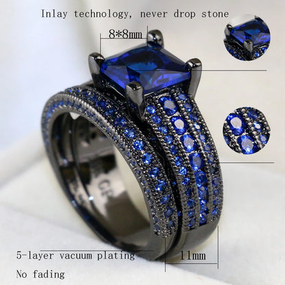 Couple's Romantic Blue Rhinestone Ring Set - Trendy Stainless Steel Fashion Jewelry for Men and Women, Perfect Gift for Lovers