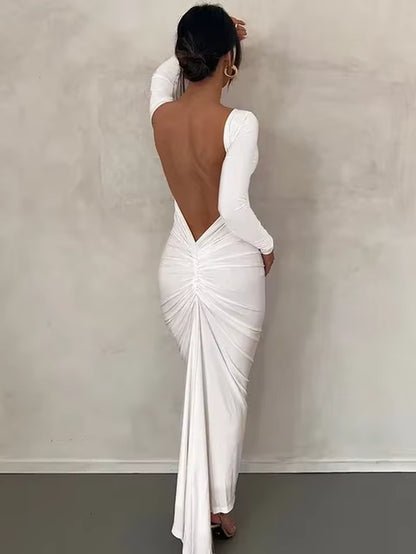 Sophisticated Open Back White Midi Dress with Long Sleeves - Perfect for Parties & Club Events, Dropshipping & Wholesale Available!