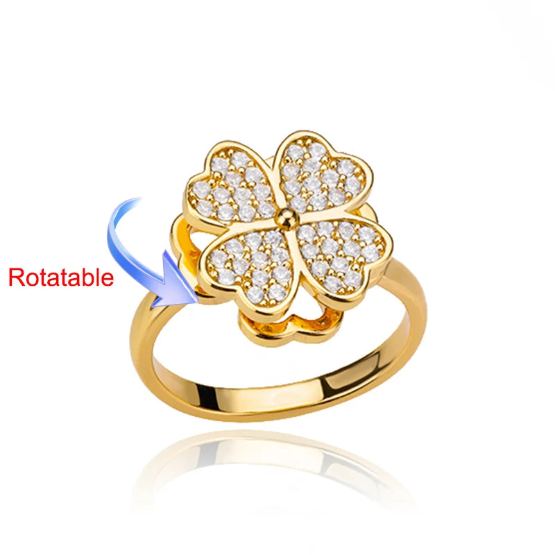 Elegant Adjustable Gold Stainless Steel Four Clover Rotating Anxiety Ring - Perfect Wedding Jewelry Gift for Women