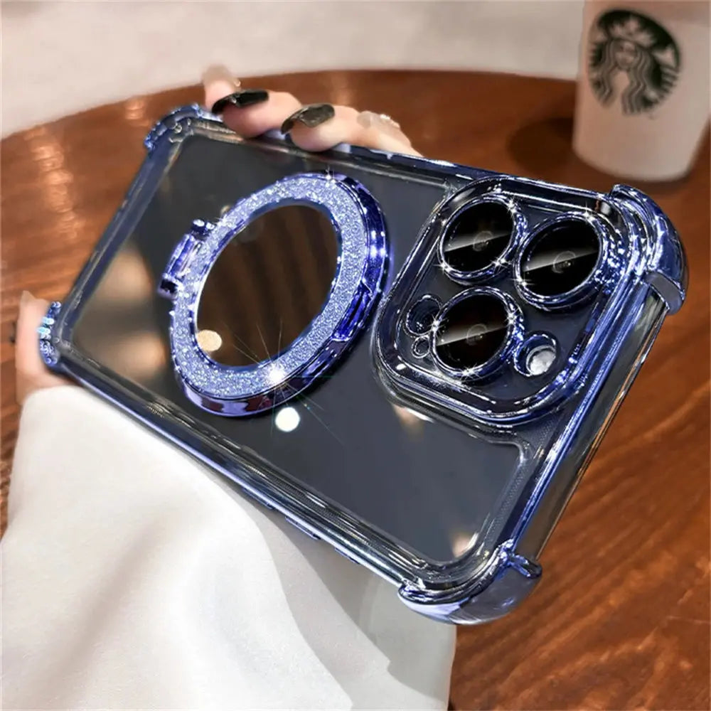 Luxury Glitter Makeup Mirror Case with MagSafe – Magnetic Stand & Plating Holder for iPhone 16/15/14/13/12/11 Pro Max & More NNOS