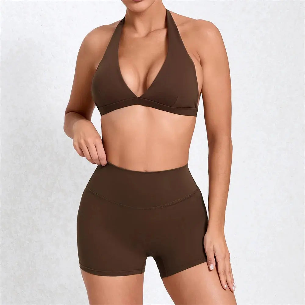 Deep V Bra Gym Halter Yoga Set Women's Breathable Sportswear Outfit Workout Fitness Shorts Active Wear for Female NNOS