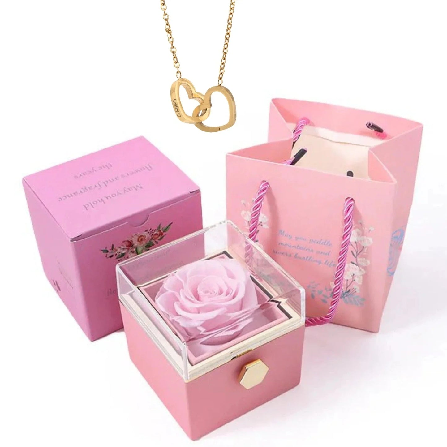 PolishedPlus Custom Names Heart Necklace Rotating Rose Box Pendant Chain Personalized Jewelry