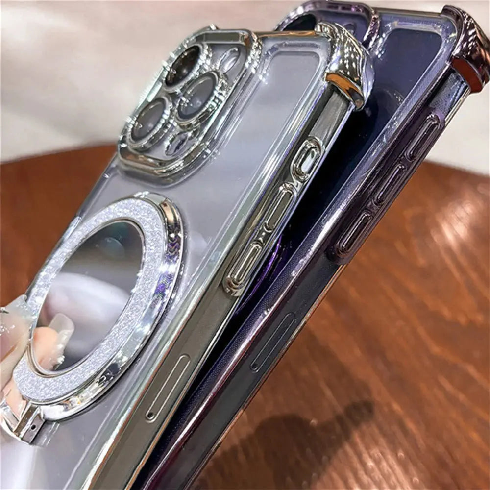 Luxury Glitter Makeup Mirror Case with MagSafe – Magnetic Stand & Plating Holder for iPhone 16/15/14/13/12/11 Pro Max & More NNOS