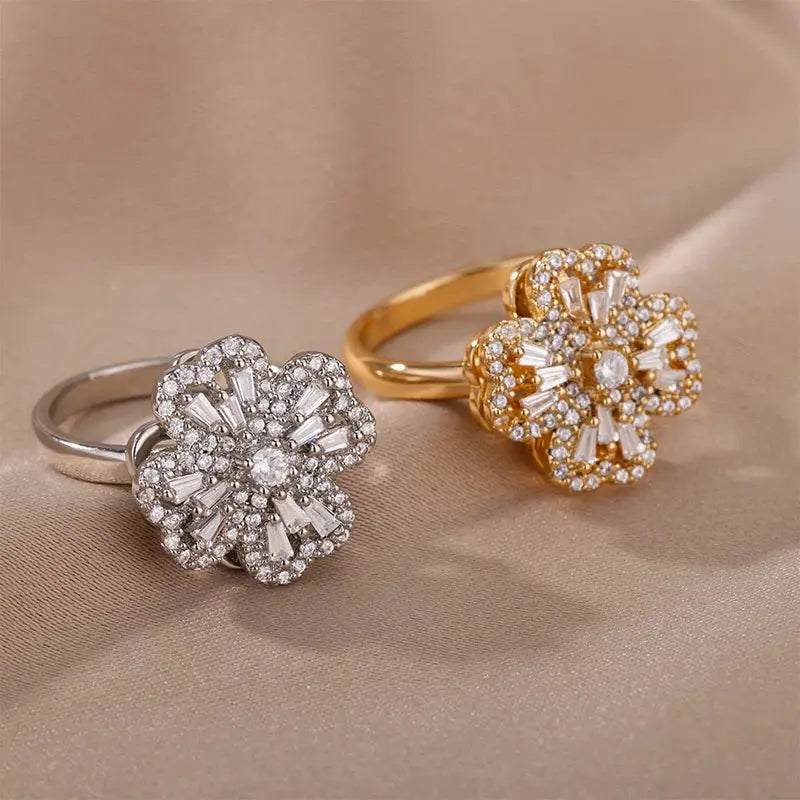 Four-Leaf Clover Rotating Anxiety Ring – Elegant Gold Stainless Steel Fidget Jewelry for Women NNOS