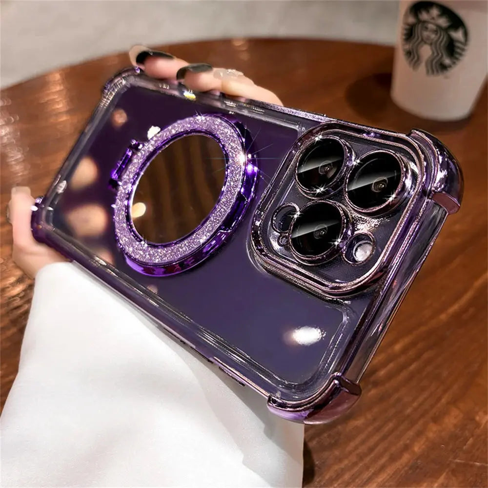 Luxury Glitter Makeup Mirror Case with MagSafe – Magnetic Stand & Plating Holder for iPhone 16/15/14/13/12/11 Pro Max & More NNOS