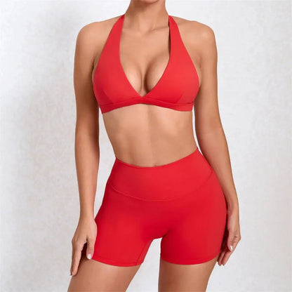 Deep V Bra Gym Halter Yoga Set Women's Breathable Sportswear Outfit Workout Fitness Shorts Active Wear for Female NNOS