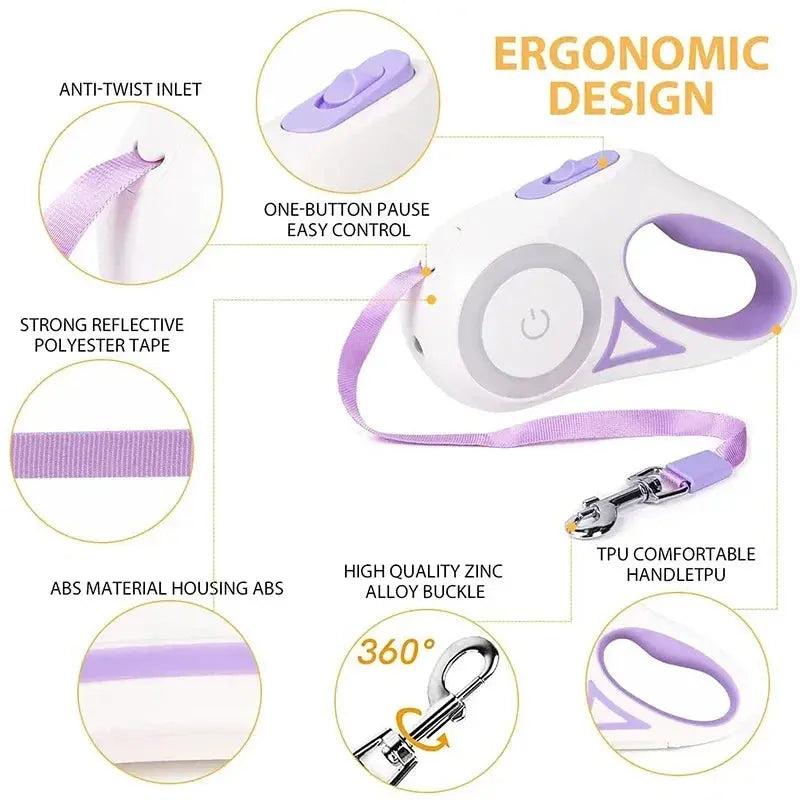 Durable Nylon Dog Leash with Automatic Retraction and Flashlight LED Glowing for Night Walking Outdoor Use NNOS