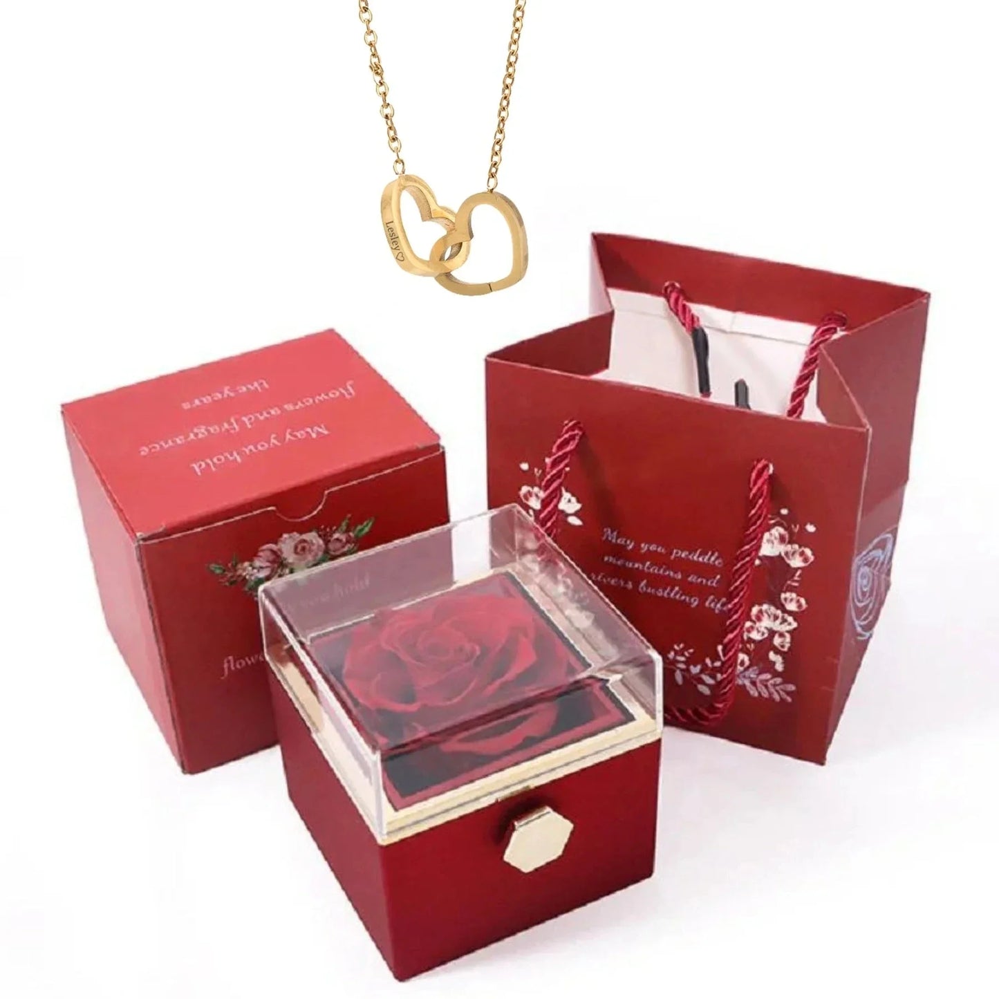 PolishedPlus Custom Names Heart Necklace Rotating Rose Box Pendant Chain Personalized Jewelry