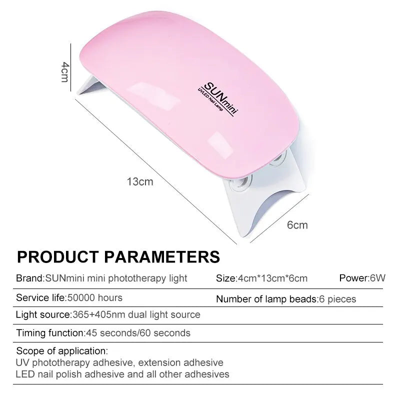 Portable 6W Mini Nail Dryer Machine with 6 LED UV Manicure Lamp for Home Use Dries Polish Varnish Quickly with USB Cable