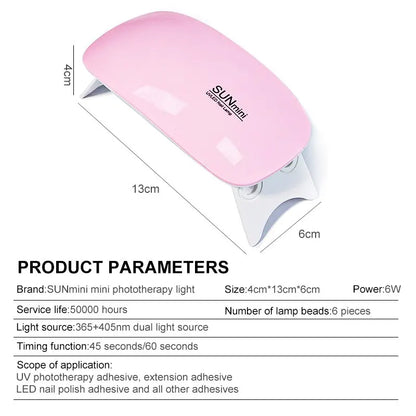 Portable 6W Mini Nail Dryer Machine with 6 LED UV Manicure Lamp for Home Use Dries Polish Varnish Quickly with USB Cable