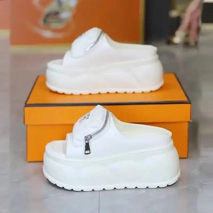 New platform mules slippers women's concise chunky slides shoes outdoor slippers woman silver zipper clogs ladies high slippers NNOS