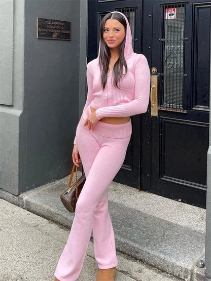 Casual Zipper Sweater Hoodie Set for Women High Waist Flare Pants Pink Knitted Y2k Two Piece Outfit Short Length Eye Catching