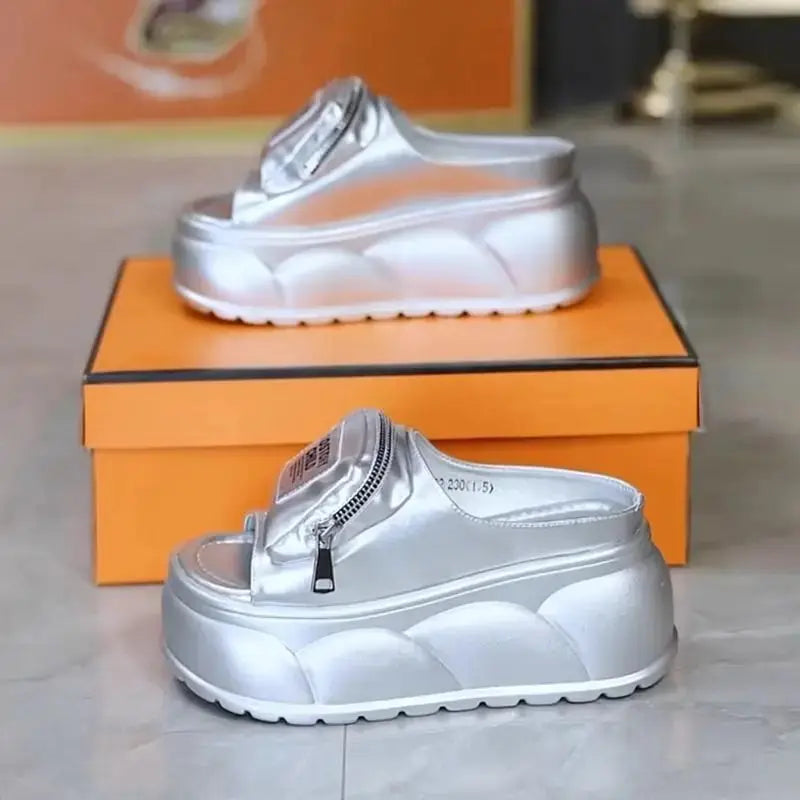 New platform mules slippers women's concise chunky slides shoes outdoor slippers woman silver zipper clogs ladies high slippers NNOS