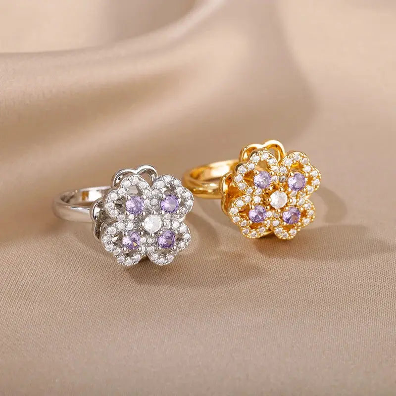 Four-Leaf Clover Rotating Anxiety Ring – Elegant Gold Stainless Steel Fidget Jewelry for Women NNOS