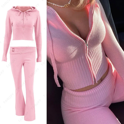 Casual Zipper Sweater Hoodie Set for Women High Waist Flare Pants Pink Knitted Y2k Two Piece Outfit Short Length Eye Catching