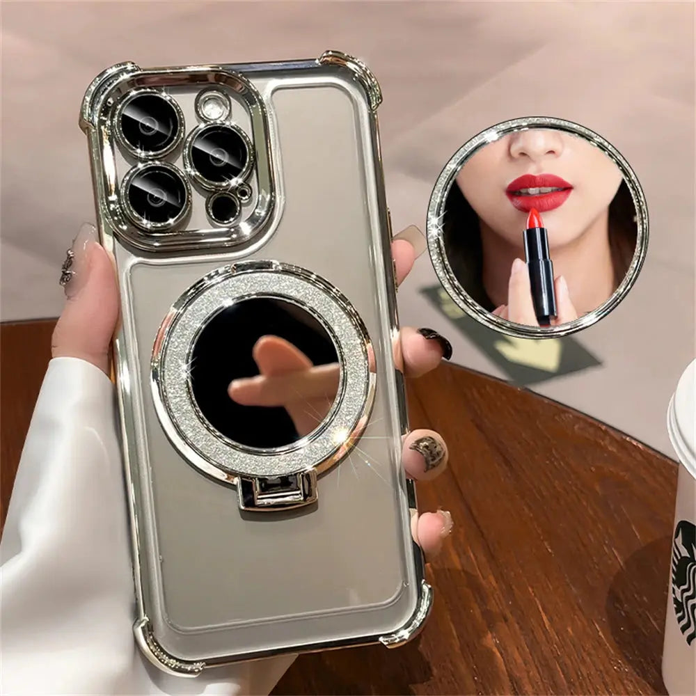 Luxury Glitter Makeup Mirror Case with MagSafe – Magnetic Stand & Plating Holder for iPhone 16/15/14/13/12/11 Pro Max & More NNOS