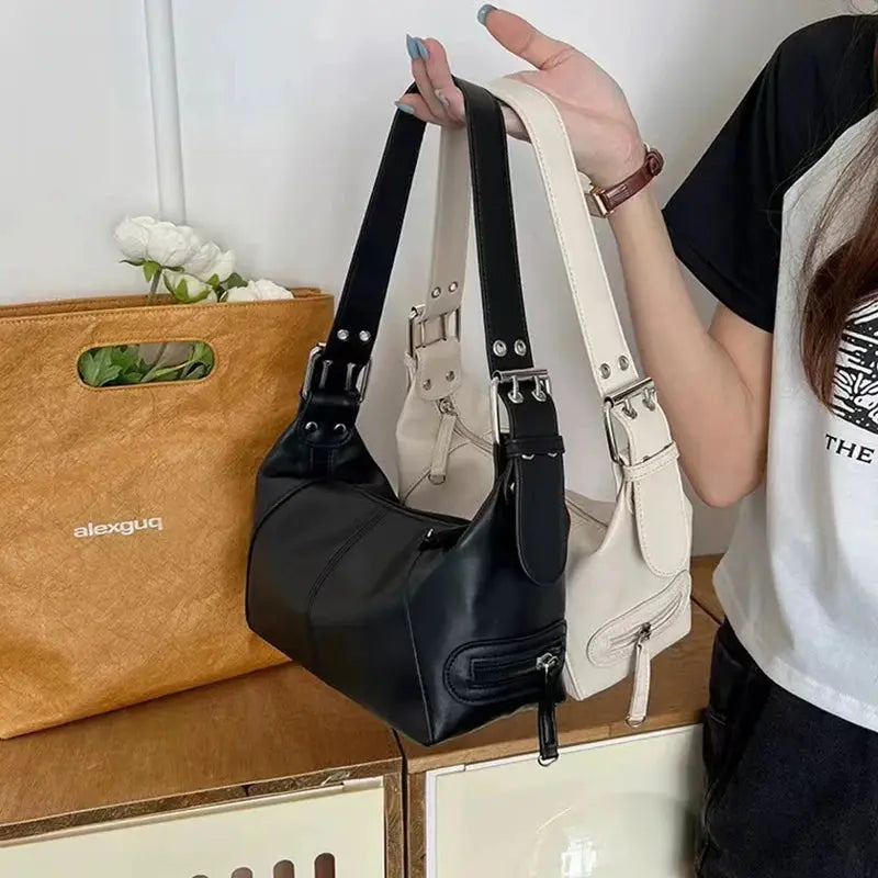 Cool Drag Style Women's Underarm Bag Leather Zipper Single Shoulder Handbag Niche Design for Stylish Women NNOS
