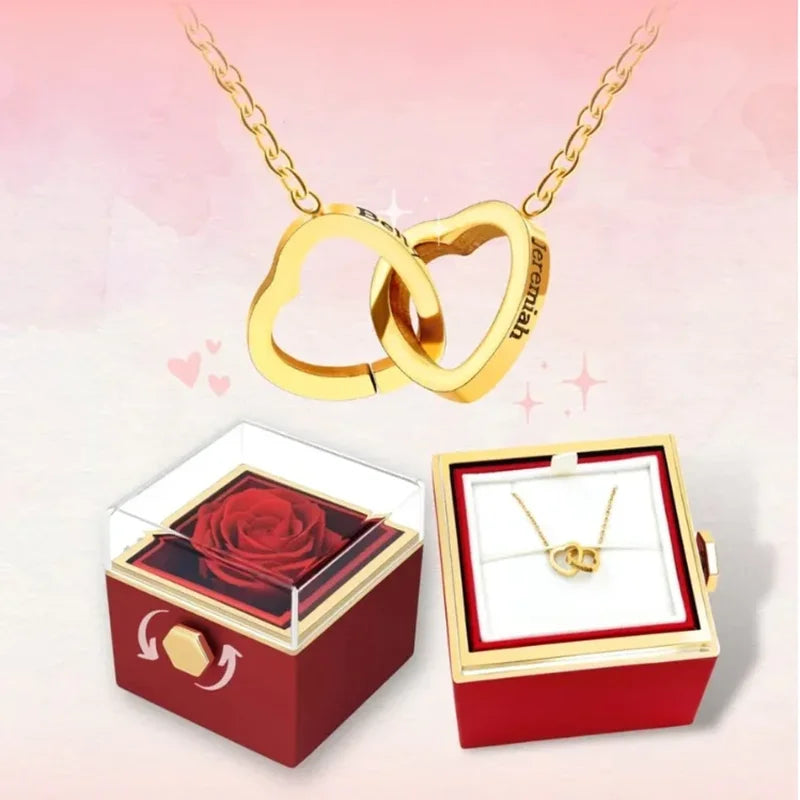 PolishedPlus Custom Names Heart Necklace Rotating Rose Box Pendant Chain Personalized Jewelry