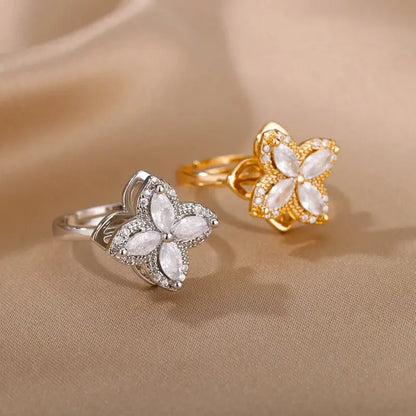 Four-Leaf Clover Rotating Anxiety Ring – Elegant Gold Stainless Steel Fidget Jewelry for Women NNOS