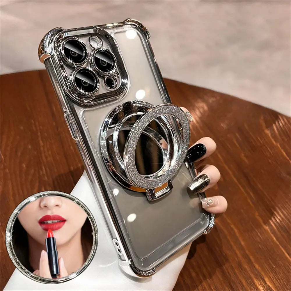 Luxury Glitter Makeup Mirror Case with MagSafe – Magnetic Stand & Plating Holder for iPhone 16/15/14/13/12/11 Pro Max & More NNOS