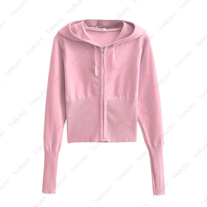 Casual Zipper Sweater Hoodie Set for Women High Waist Flare Pants Pink Knitted Y2k Two Piece Outfit Short Length Eye Catching