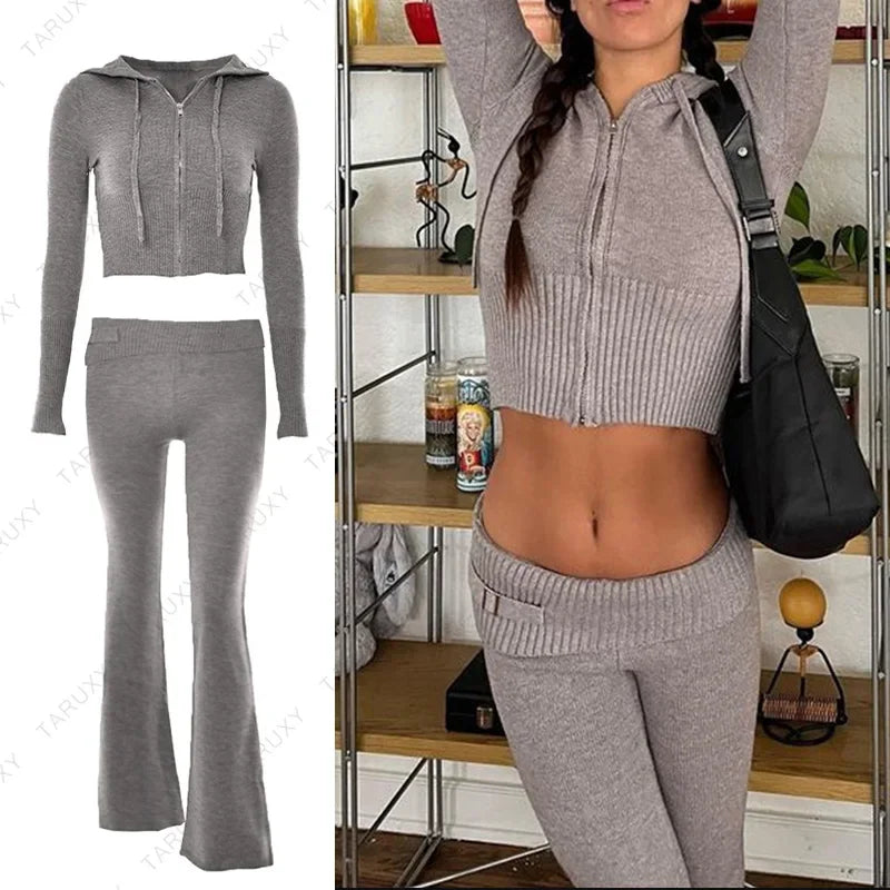 Casual Zipper Sweater Hoodie Set for Women High Waist Flare Pants Pink Knitted Y2k Two Piece Outfit Short Length Eye Catching