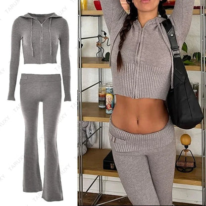 Casual Zipper Sweater Hoodie Set for Women High Waist Flare Pants Pink Knitted Y2k Two Piece Outfit Short Length Eye Catching