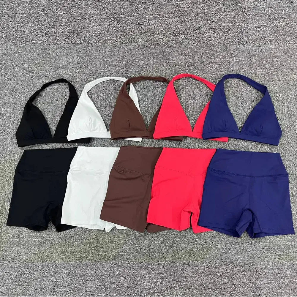 Deep V Bra Gym Halter Yoga Set Women's Breathable Sportswear Outfit Workout Fitness Shorts Active Wear for Female NNOS